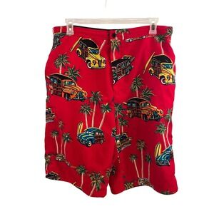 Unbranded Reversible Board Shorts 36 Red Woody Wagon Tropical Black Mens
